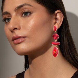 Lady in Red Crystal Bling Glam Tiered Drop Statement Earrings NEW